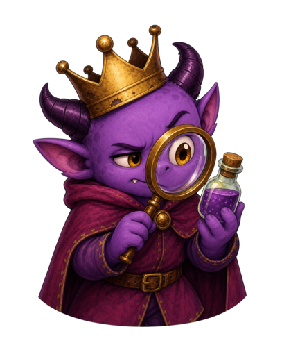 Ovie inspecting a potion with a magnifying glass